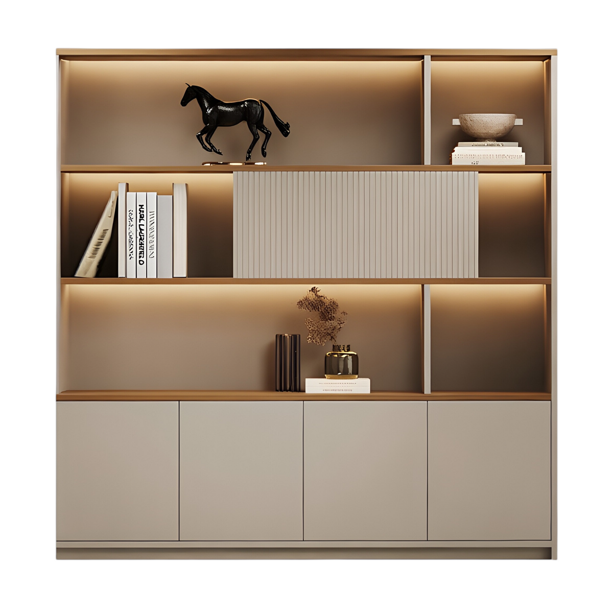 Executive office library wall cabinet with LED display shelving and premium finish