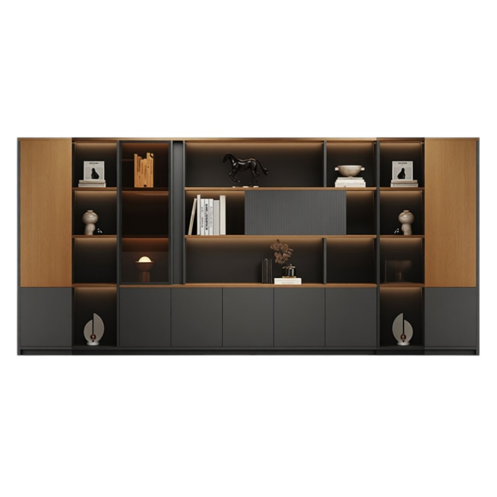 Executive office storage wall system with LED display shelves and integrated cabinets