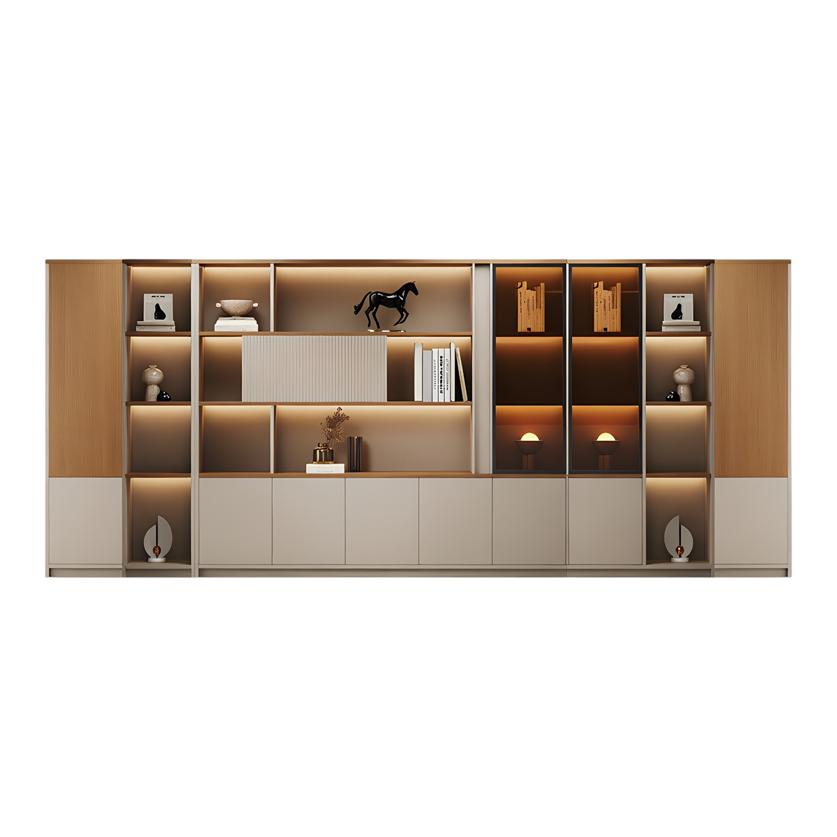 Large office storage wall system with LED lighting, display shelves and closed cabinets