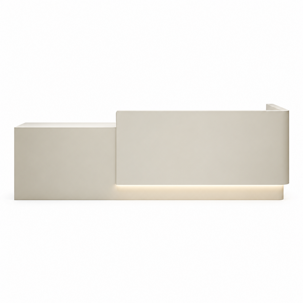 Beige modern reception desk front view with clean professional design