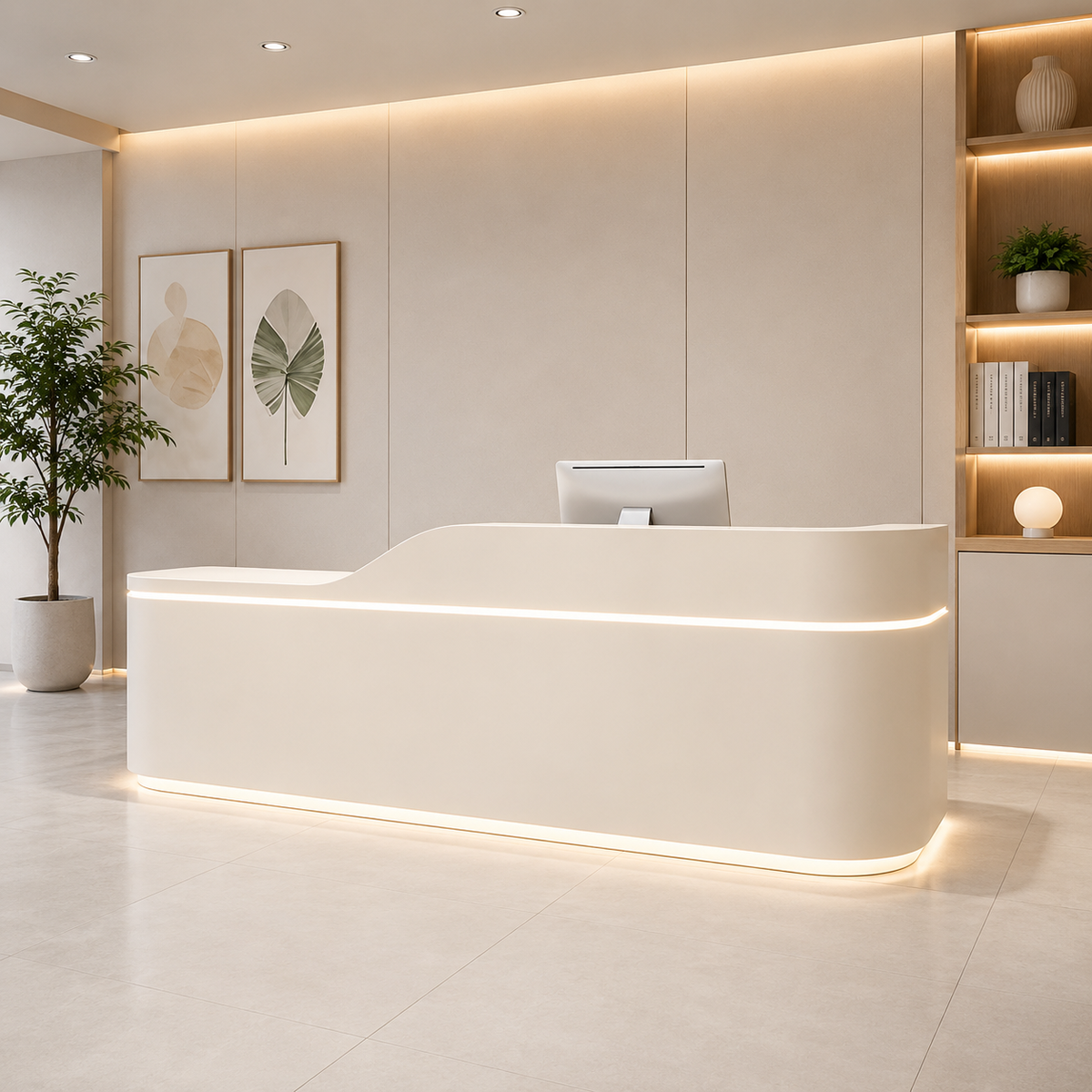 Beige modern curved reception desk with LED base in a contemporary office