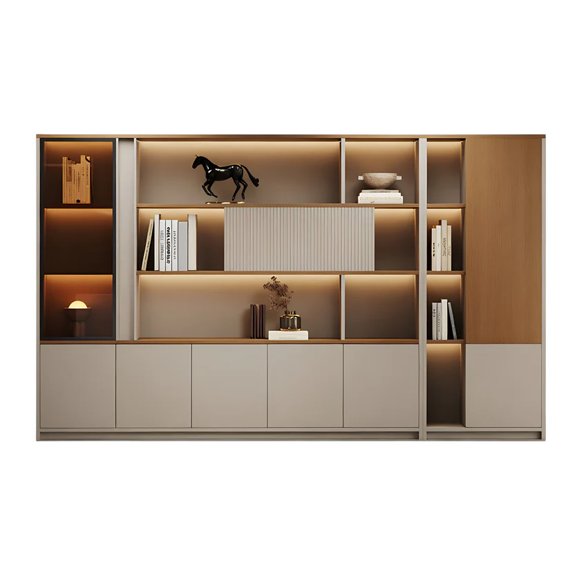 Modern office wall cabinet with display storage shelves and concealed cupboards