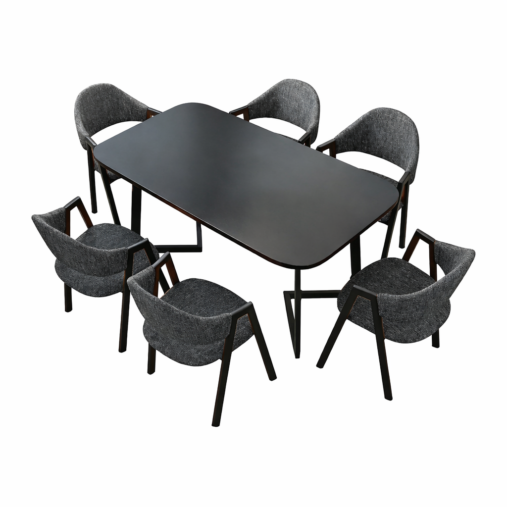 Black conference table with six grey chairs for meeting rooms