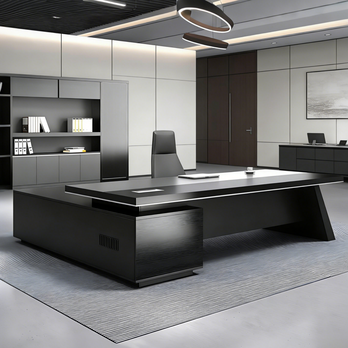 Black embossed executive desk with left side cabinet front angle view for modern office