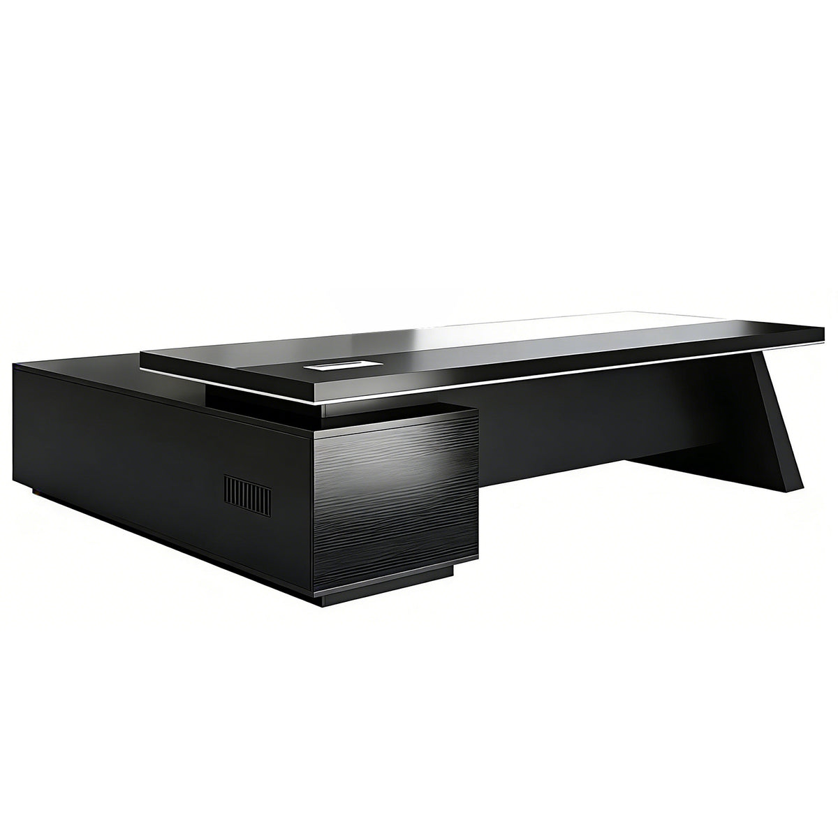 Black embossed executive desk with right side cabinet angled view for corporate workspace