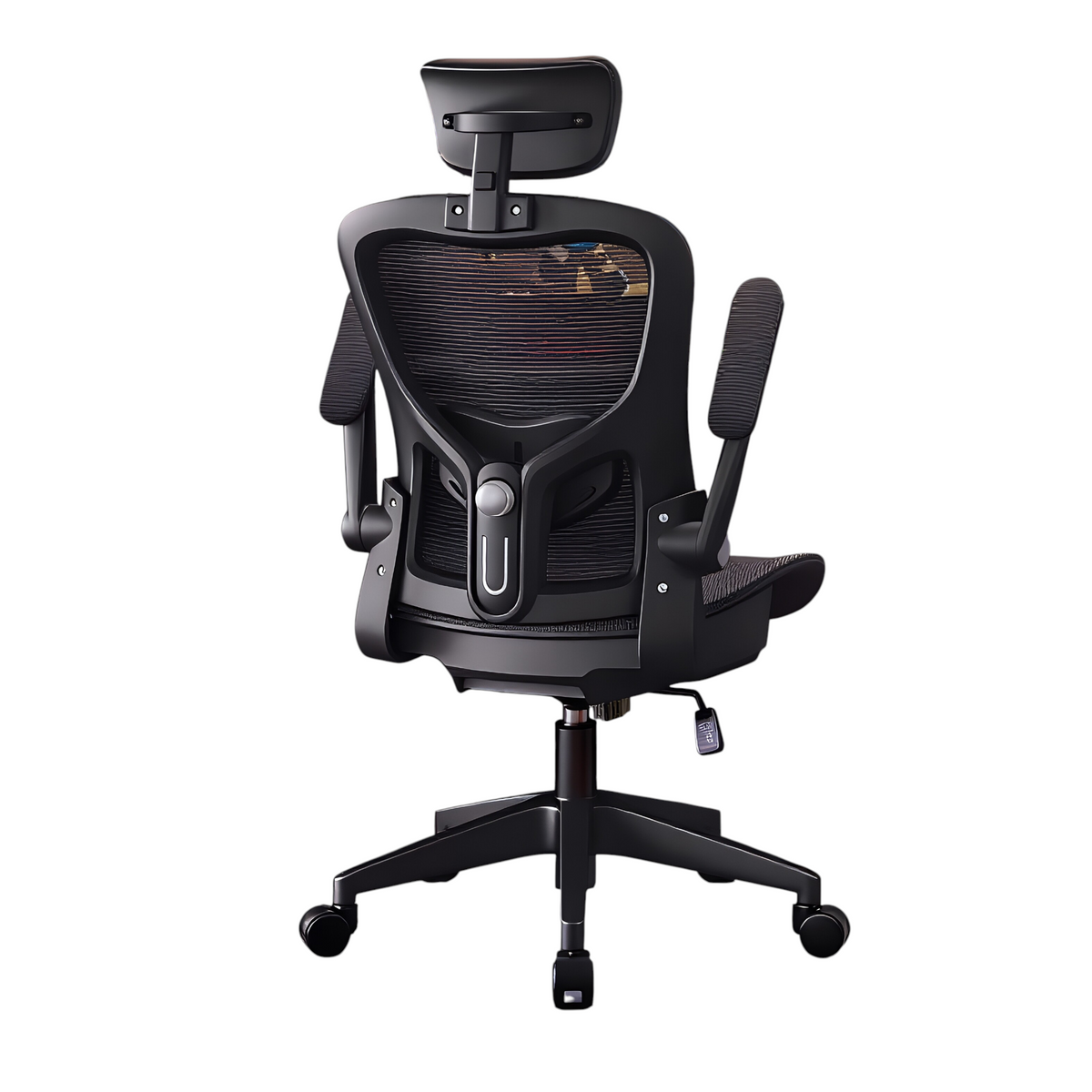 Black ergonomic mesh chair angled view with high back design