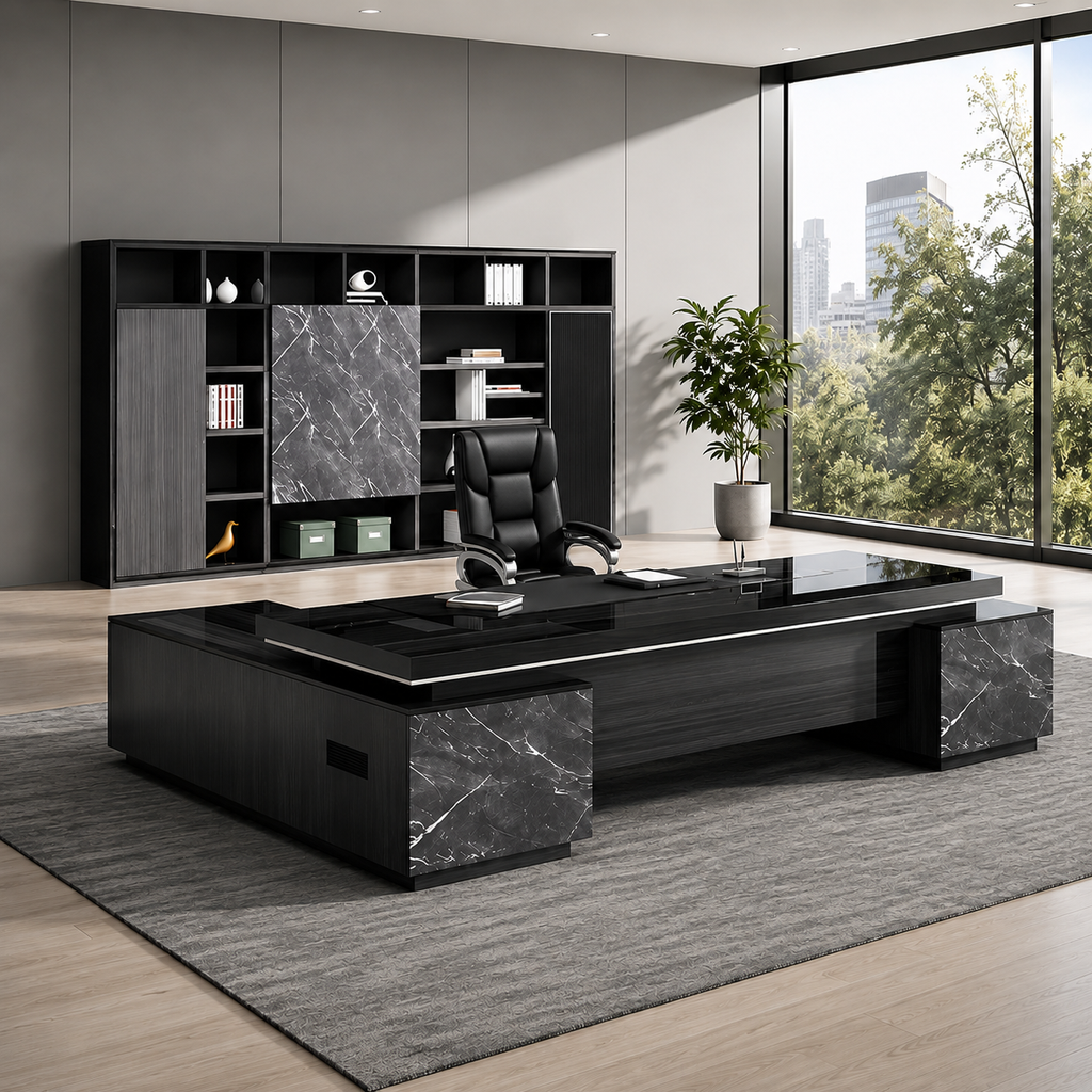 Black executive office desk with marble details designed for modern corporate workspaces