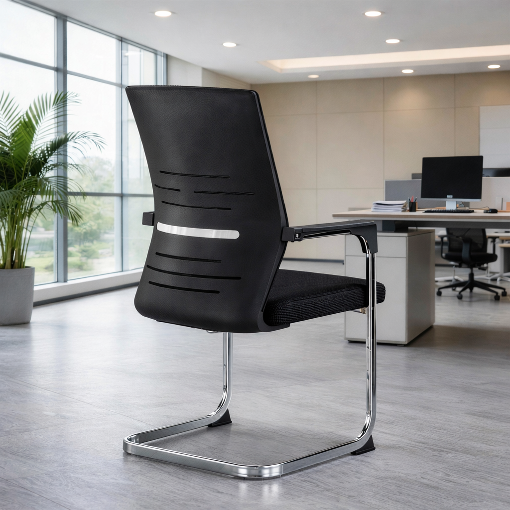 Modern mesh back visitor chair in black finishes for office meeting rooms and reception areas