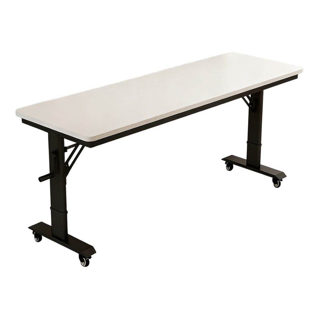 Black frame height adjustable desk with wheels and spacious desktop surface