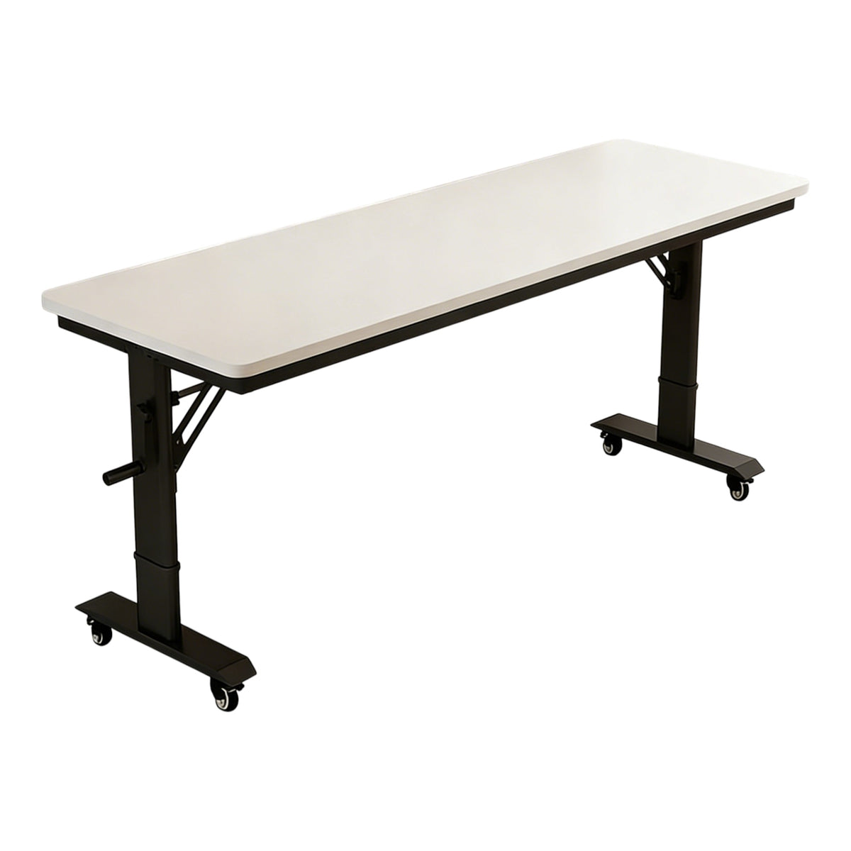 Black frame height adjustable desk with wheels and spacious desktop surface
