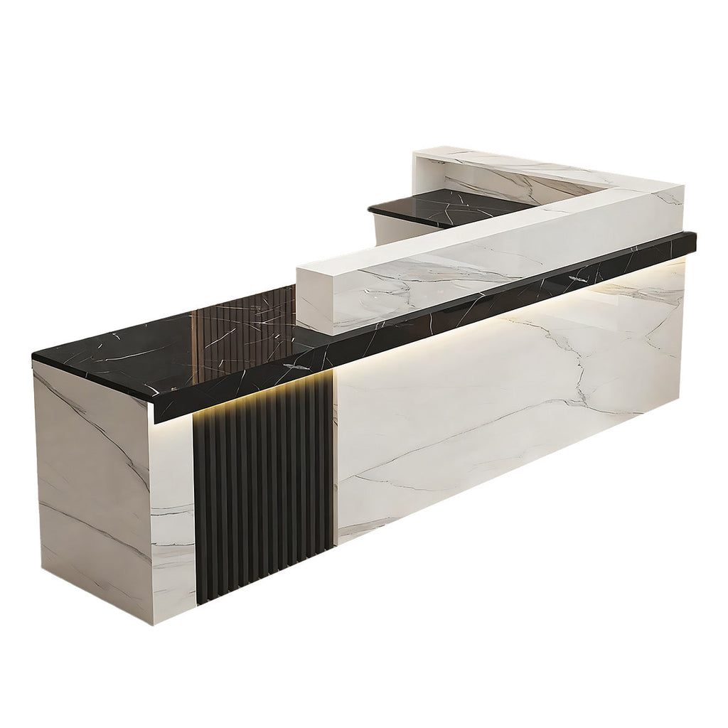 Left high return black marble look reception desk with fluted detail for commercial reception spaces