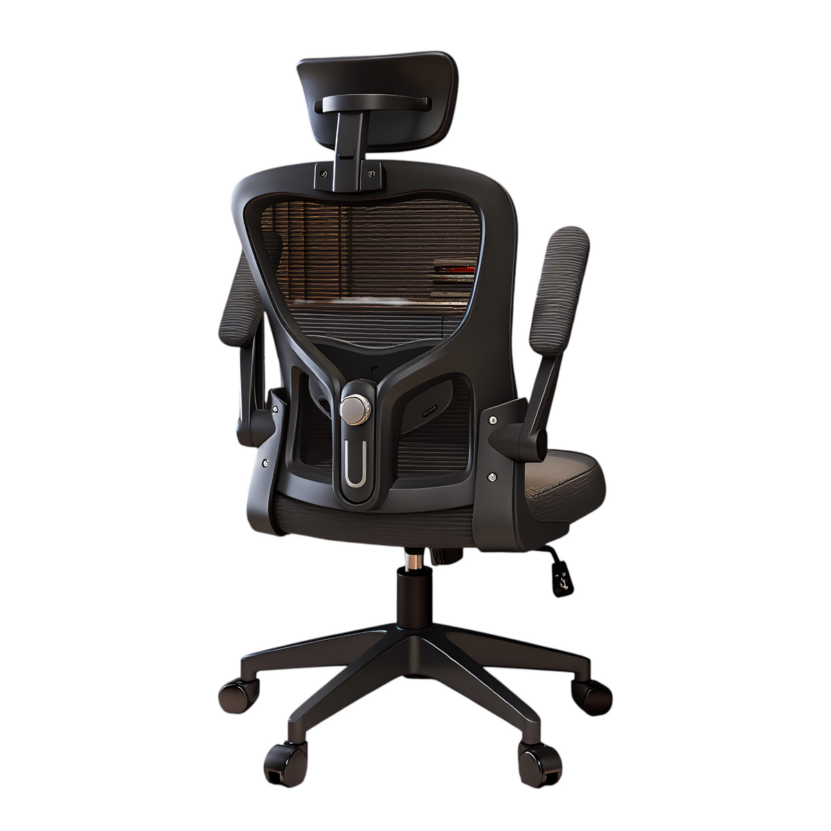 Black ergonomic mesh office chair back view showing breathable mesh design and lumbar support