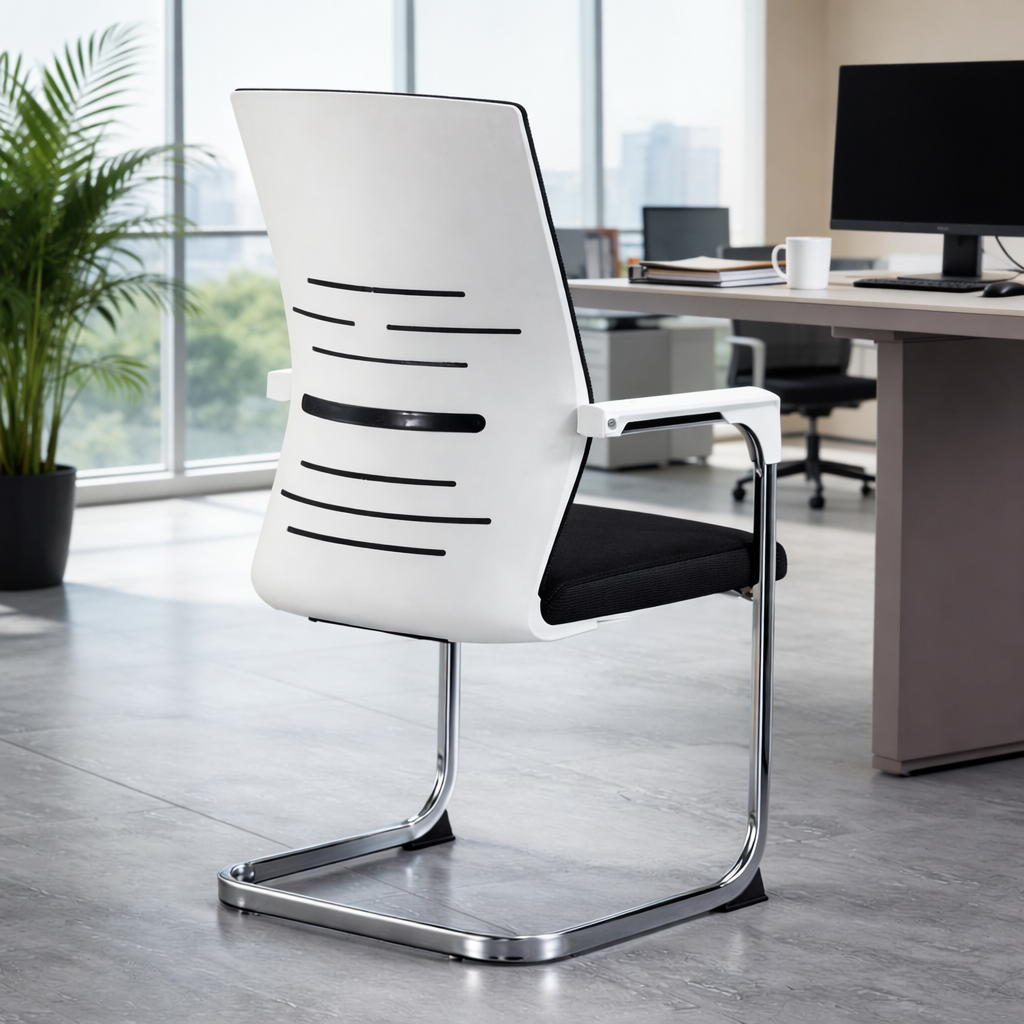 Black mesh and  white frame meeting chair with fixed arms for commercial workplace seating