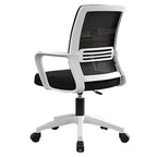 Black mesh office chair with white frame and breathable back support