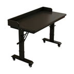 Black mobile adjustable work table with  raised edge design