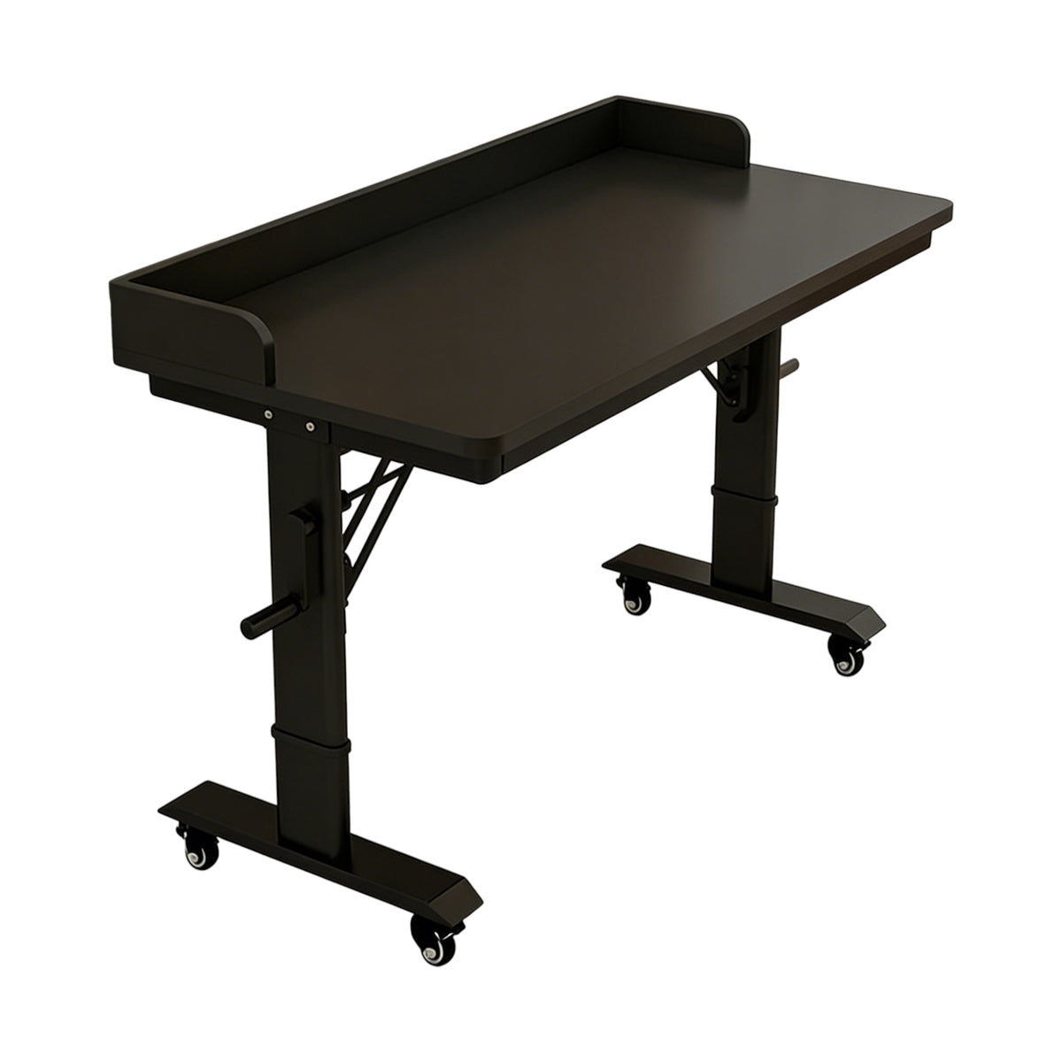 Black mobile adjustable work table with  raised edge design