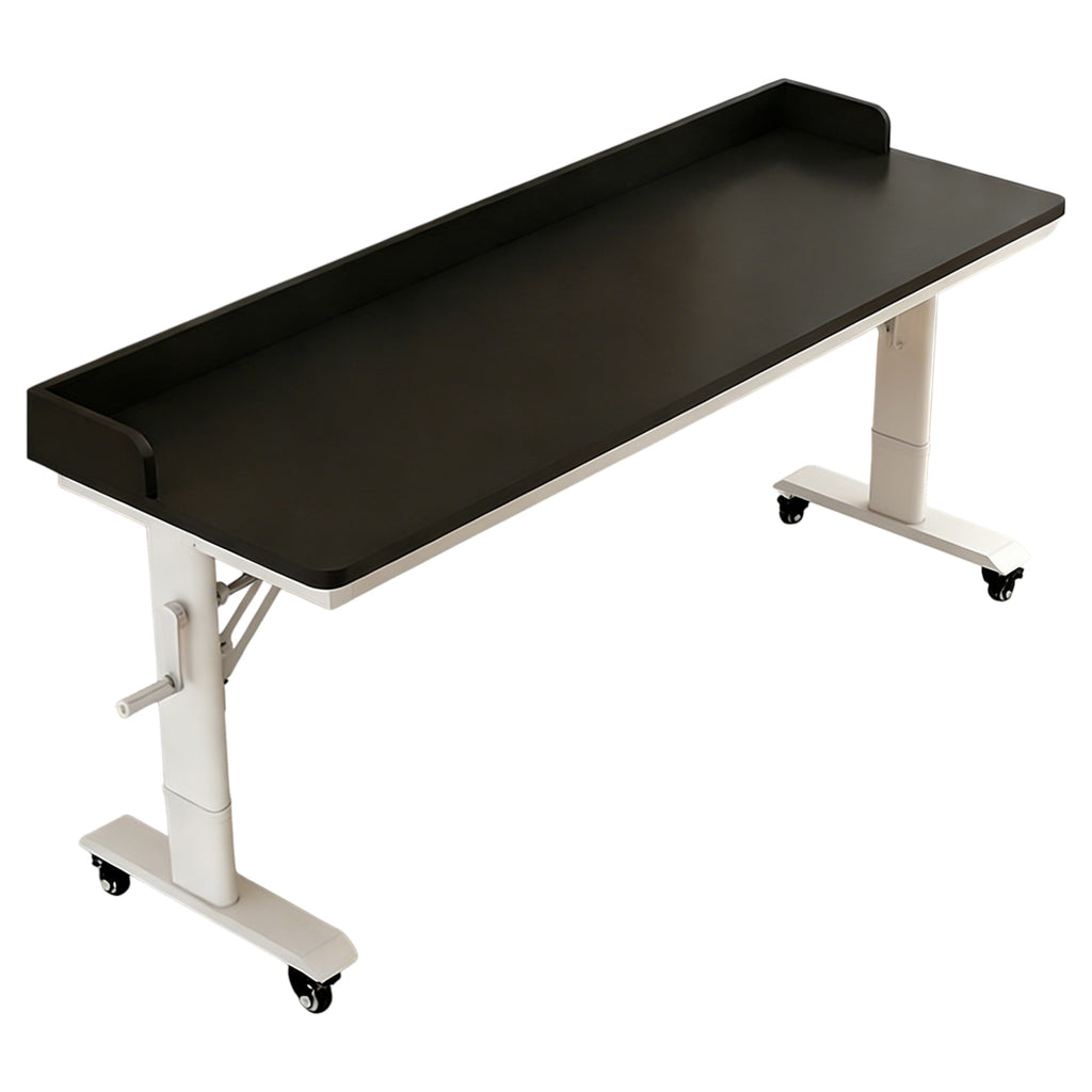 Black mobile height adjustable office table with raised edge and flexible layout