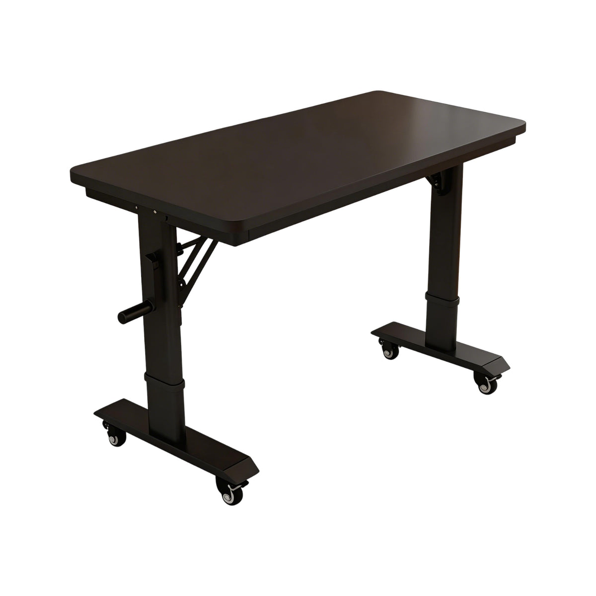Black mobile height adjustable table with wheeled base for flexible office spaces