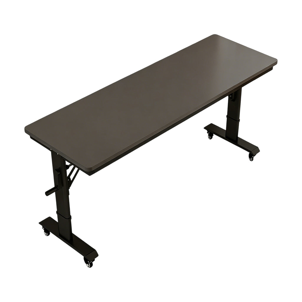 Black mobile standing desk with adjustable height mechanism and compact wheeled workstation design