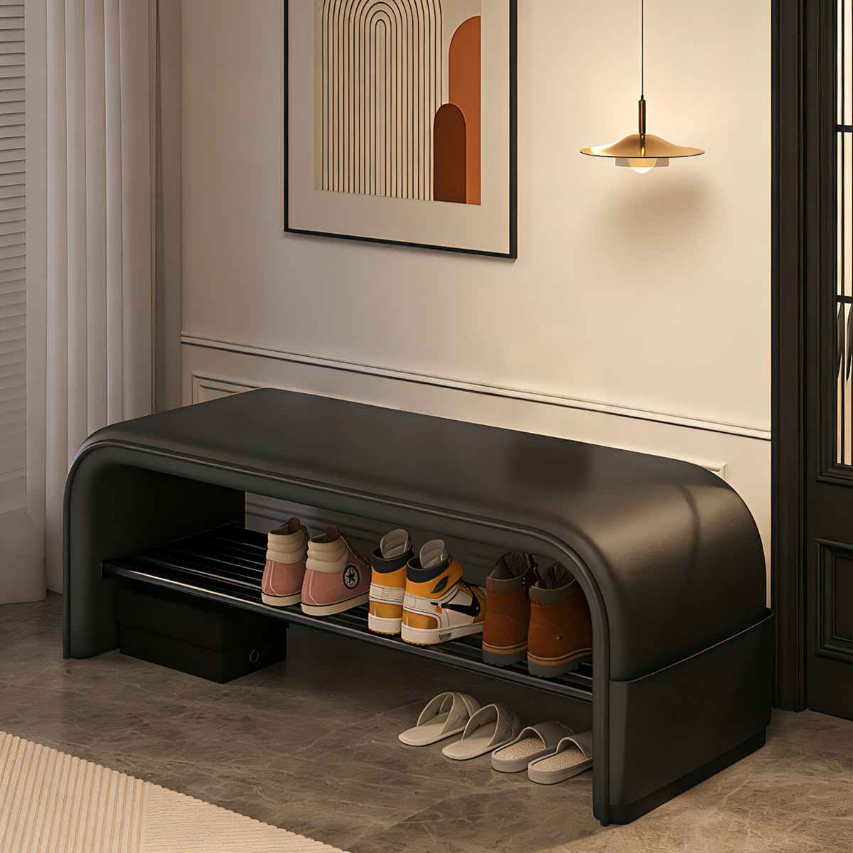 Black curved storage bench with shoe shelf for modern entryways and reception areas