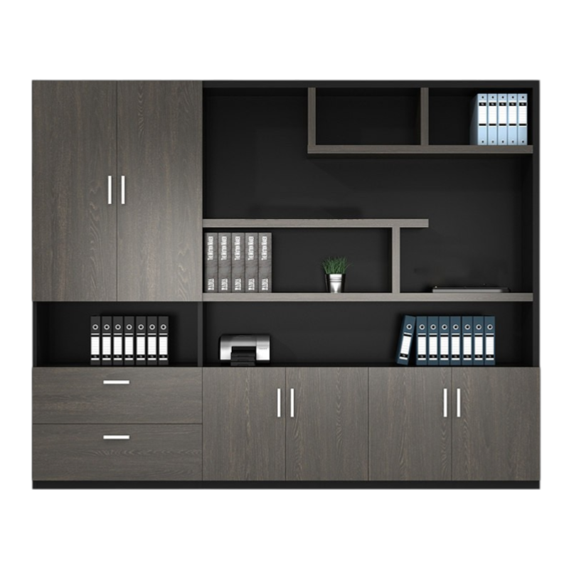 Office wall storage unit with cabinets, shelves and drawers designed for corporate workplace storage solutions