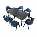 Black meeting table with six blue chairs designed for contemporary offices
