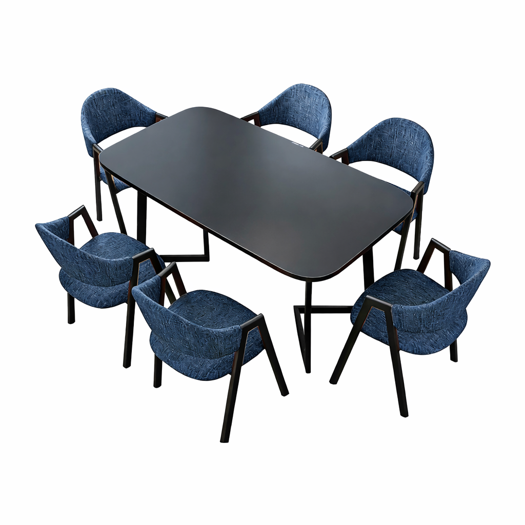 Black meeting table with six blue chairs designed for contemporary offices