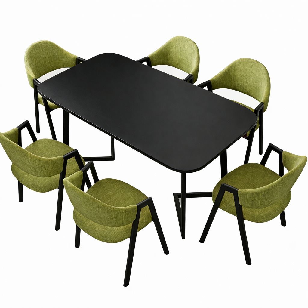 Black office meeting table with six green chairs for collaborative spaces