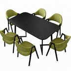 Black office meeting table with six green chairs for collaborative spaces