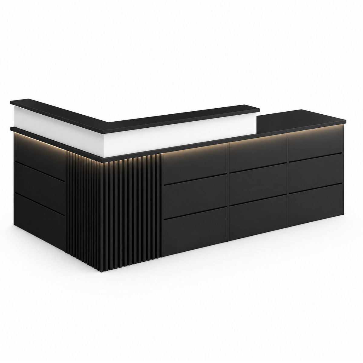 Black reception desk with right high return and LED lighting