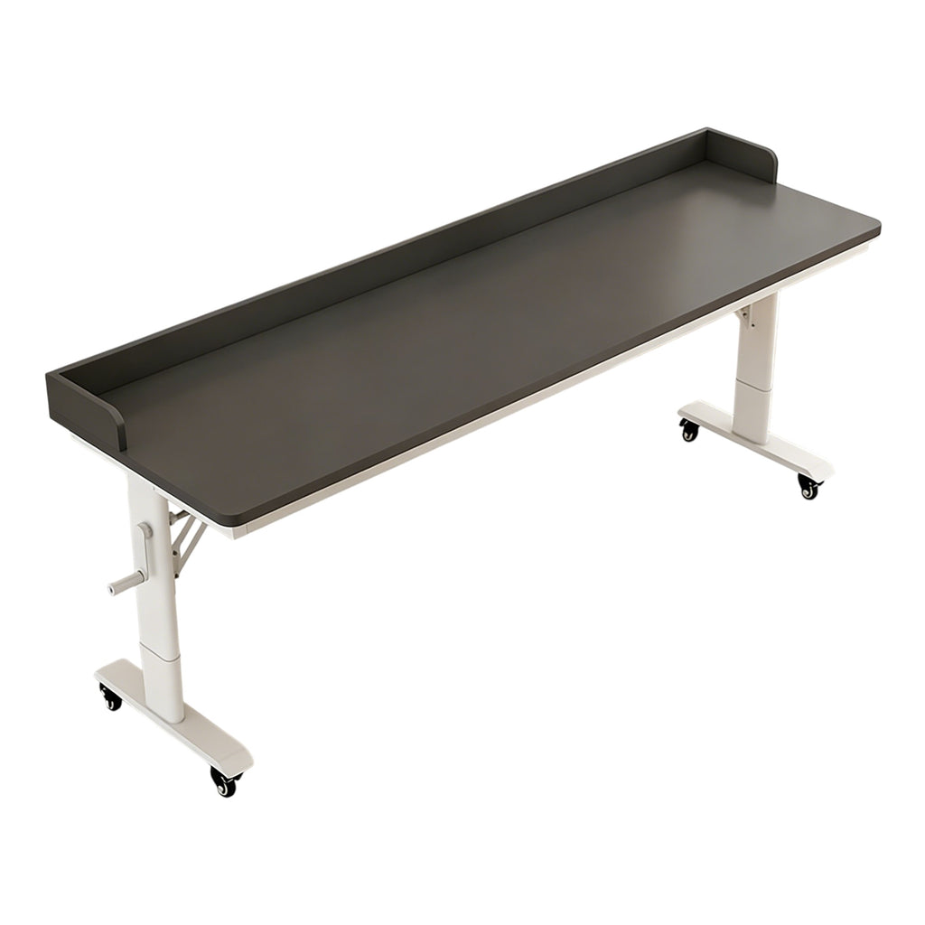 Black mobile adjustable work table with white frame and raised edge design