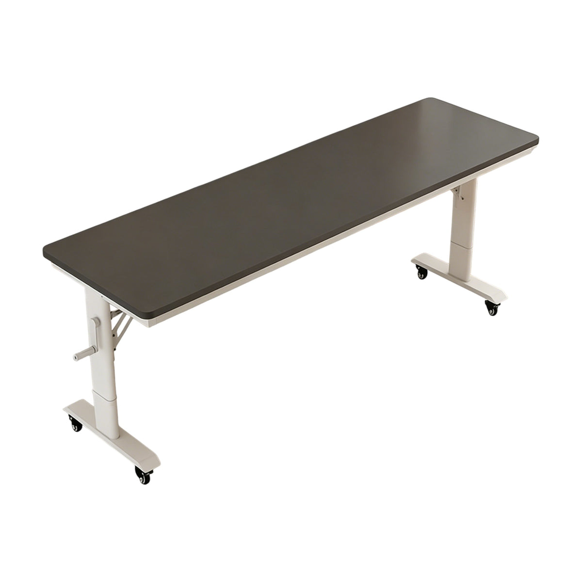 Black mobile height adjustable desk with white frame and wheeled base for flexible workspaces