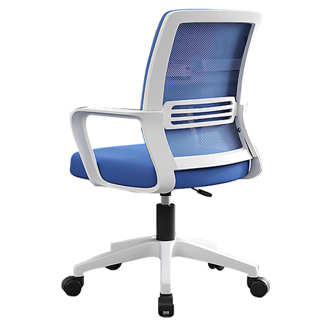 Blue mesh office chair with white frame and ergonomic support for office spaces
