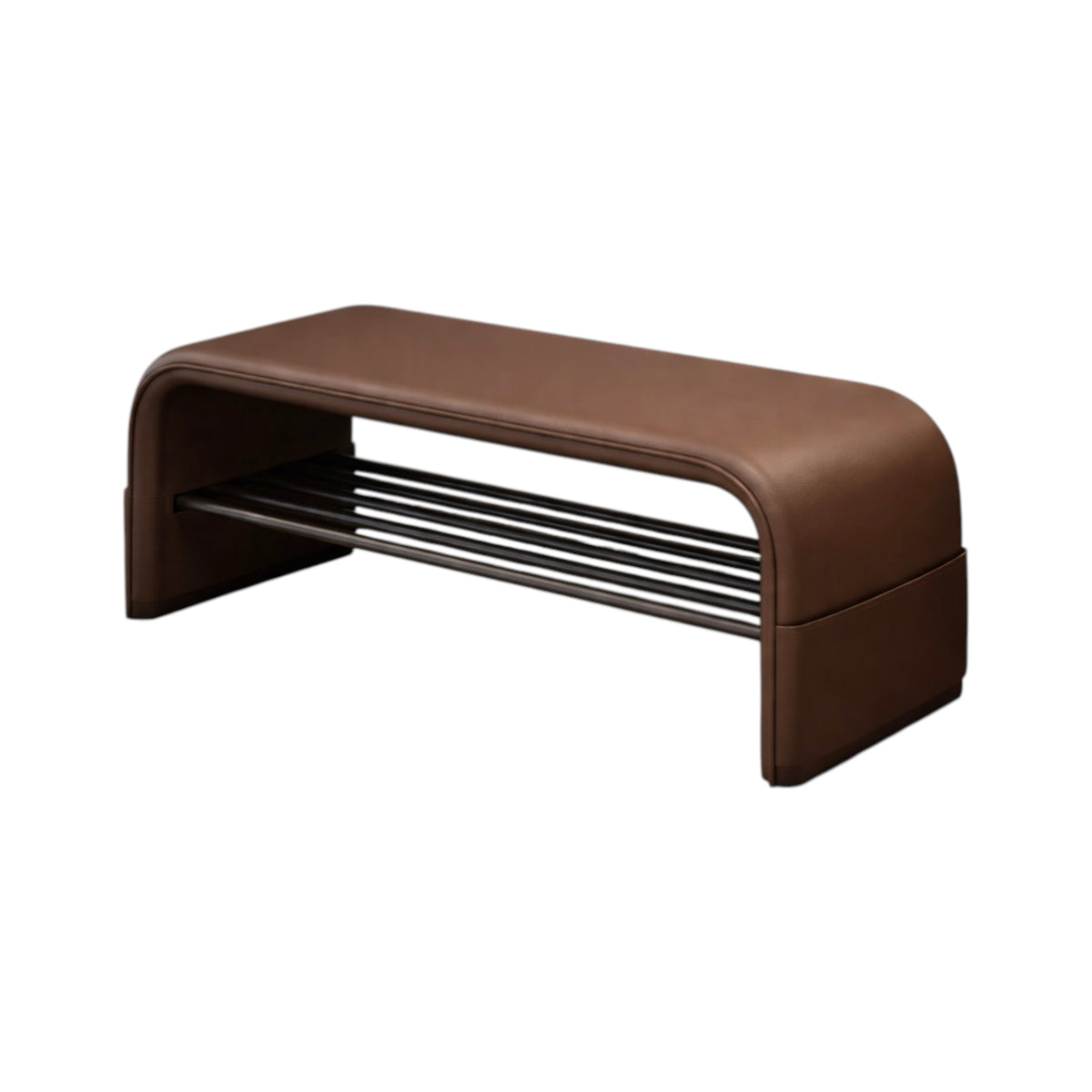 Brown curved storage bench with open shoe shelf