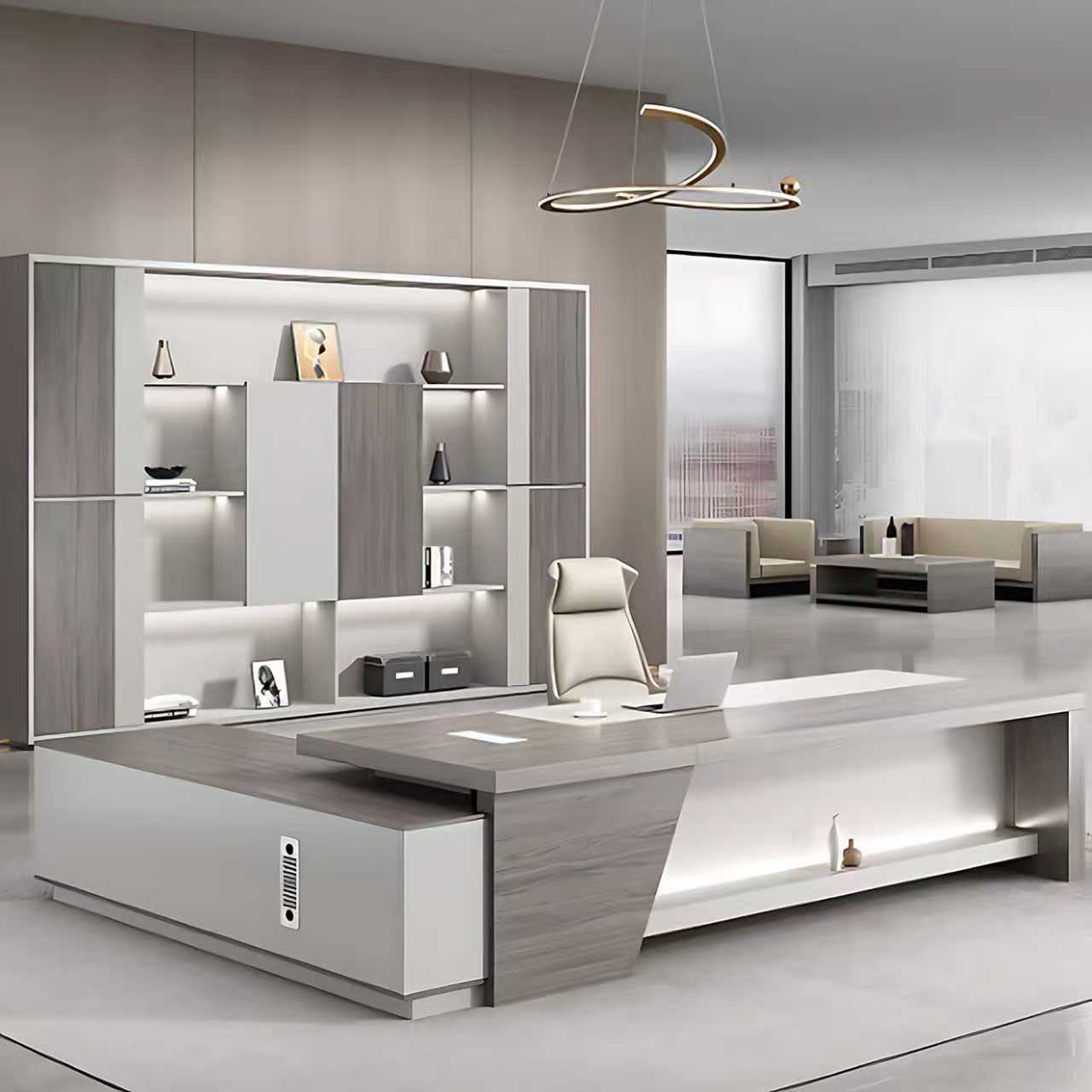 Executive L-Shaped Desk with LED Accents and Integrated Storage