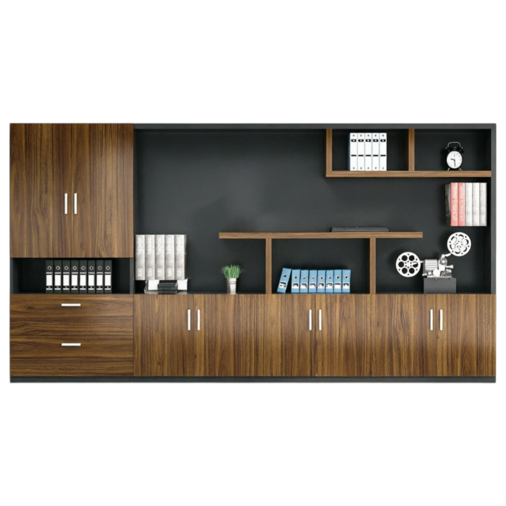 Commercial office storage cabinet with integrated shelving, drawers and large capacity organisation features