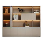 Commercial office storage wall unit design with open shelves and closed cabinets