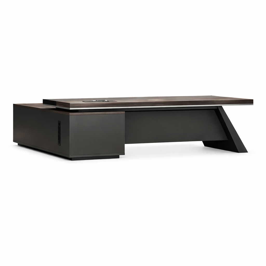 Contemporary executive desk with integrated storage cabinet and minimalist design details