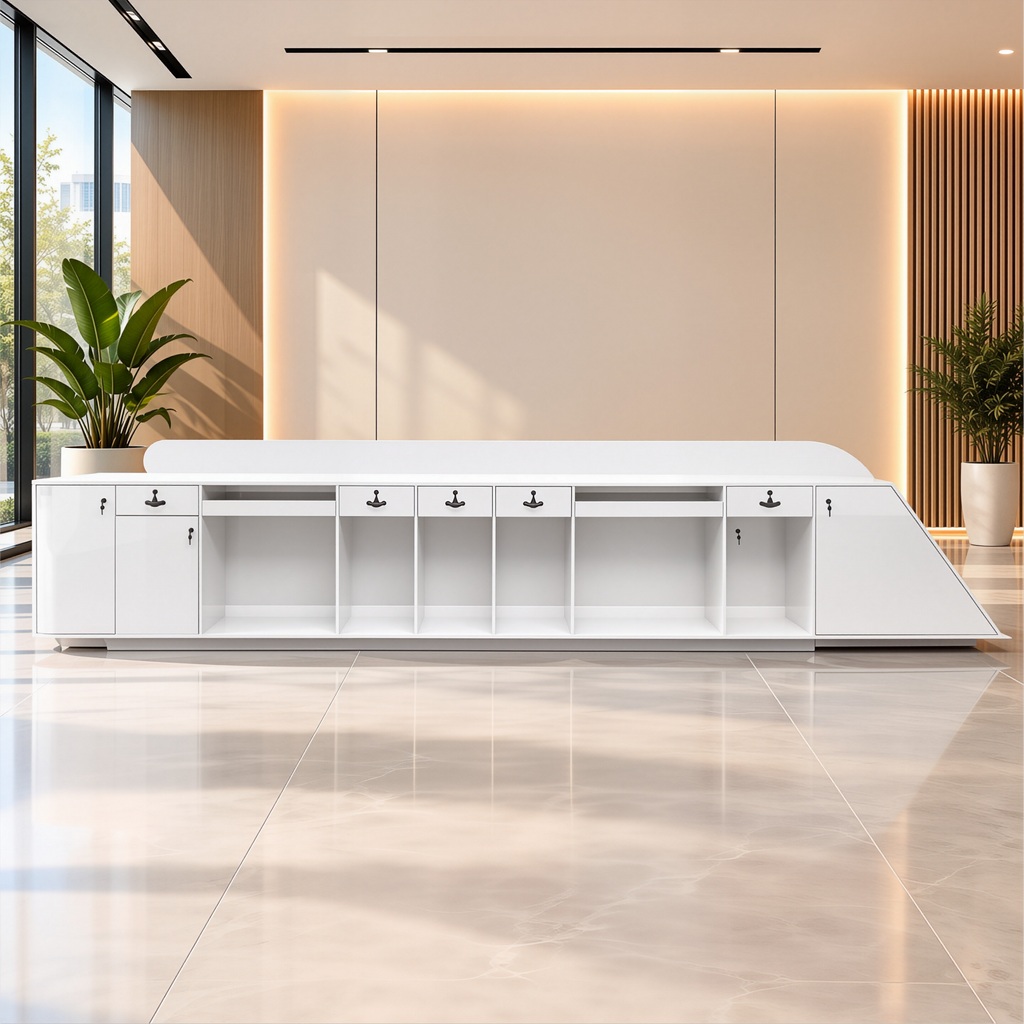 Curved LED reception counter with integrated storage for professional workplaces