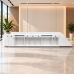 Curved LED reception counter with integrated storage for professional workplaces