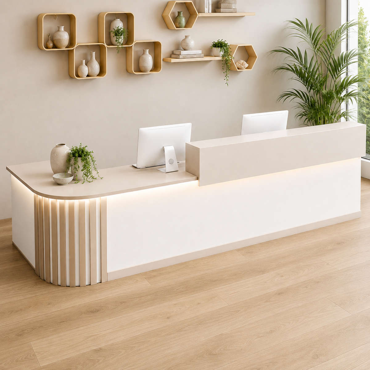 Curved reception counter with rounded corner design for modern commercial spaces