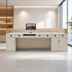 Curved reception desk with built-in drawers, cabinets and workspace