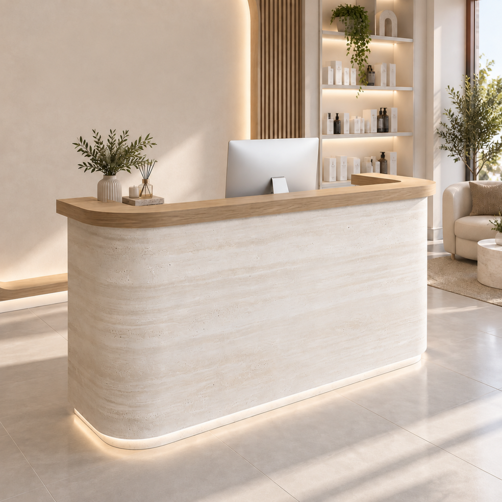 Curved reception desk with timber top design for modern corporate offices and business spaces