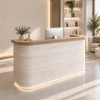 Curved reception desk with timber top design for modern corporate offices and business spaces