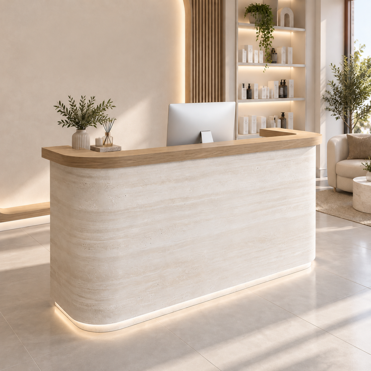 Curved reception desk with timber top design for modern corporate offices and business spaces