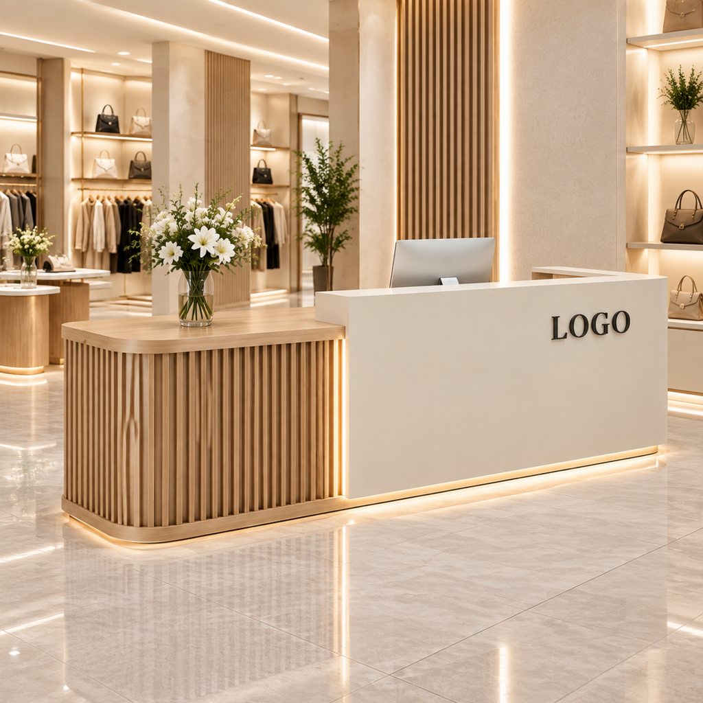 Custom reception counter with logo branding option, LED lighting and modern curved design for retail stores and business spaces