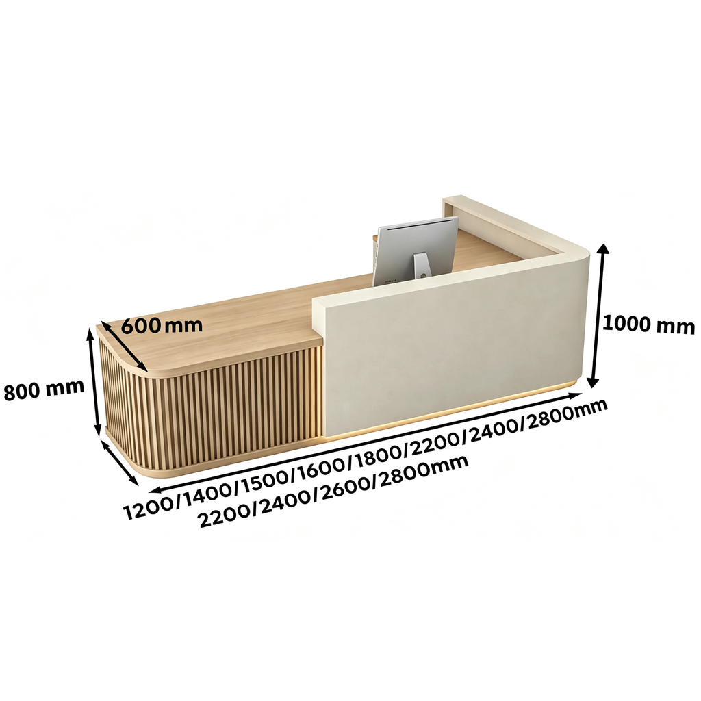 Custom size curved reception counter available in multiple widths with professional dimensions for office fit outs