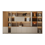 Custom boardroom storage wall unit with display shelving and integrated cabinet storage