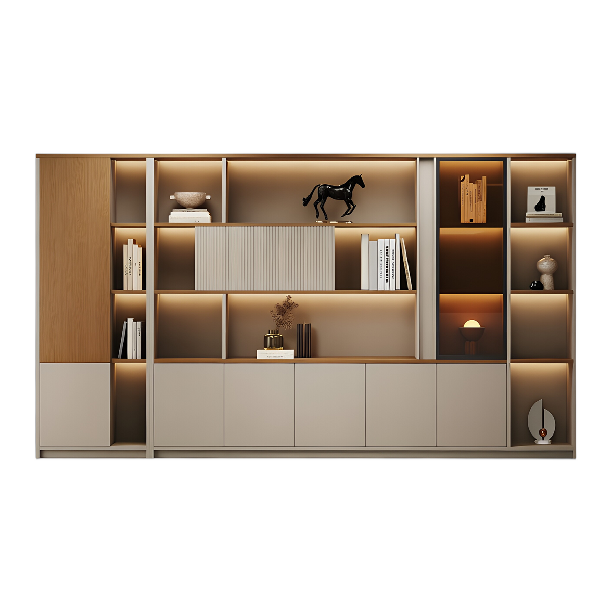 Custom boardroom storage wall unit with display shelving and integrated cabinet storage