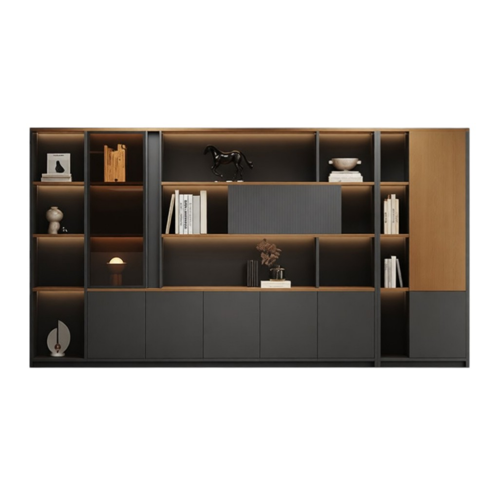 Custom office storage wall with cabinets, display shelving and contemporary finishes